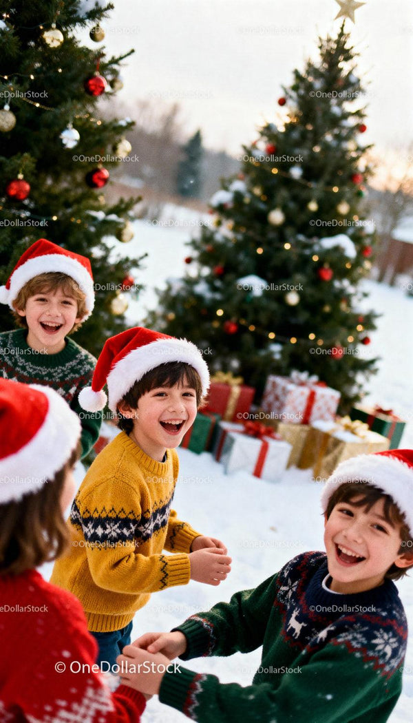 Children Enjoying Festive Winter Outdoors with Christmas Trees