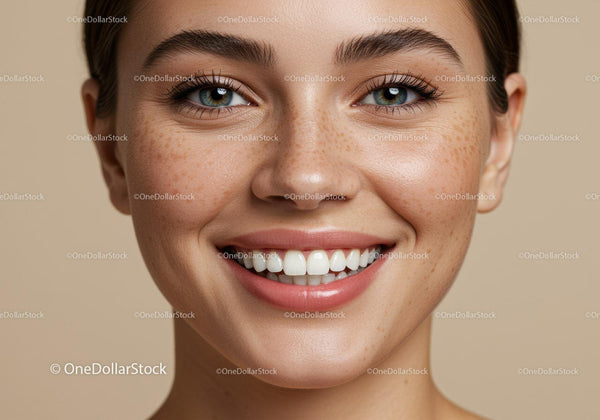 Close up portrait of smiling young woman with freckles
