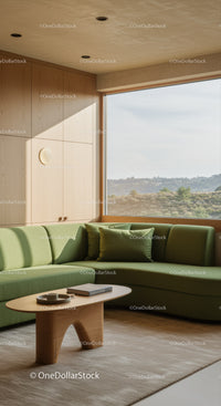 Modern Minimalist Living Room with Green Corner Sofa
