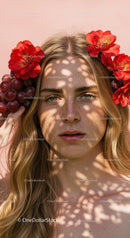 Beautiful Woman Wearing Floral Crown with Red Alstroemeria and Grape Flowers