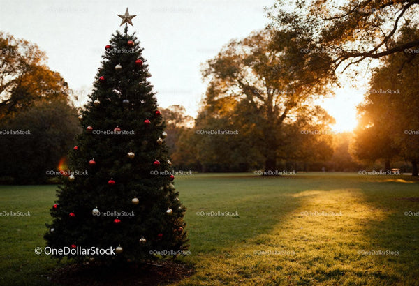 Outdoor Christmas Tree Decorated at Sunset in Park
