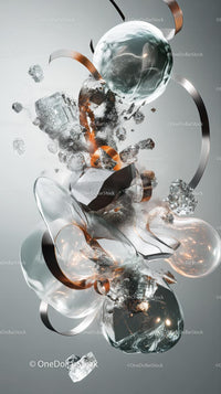 Abstract Metallic Explosion with Floating Glass Fragments and Rings