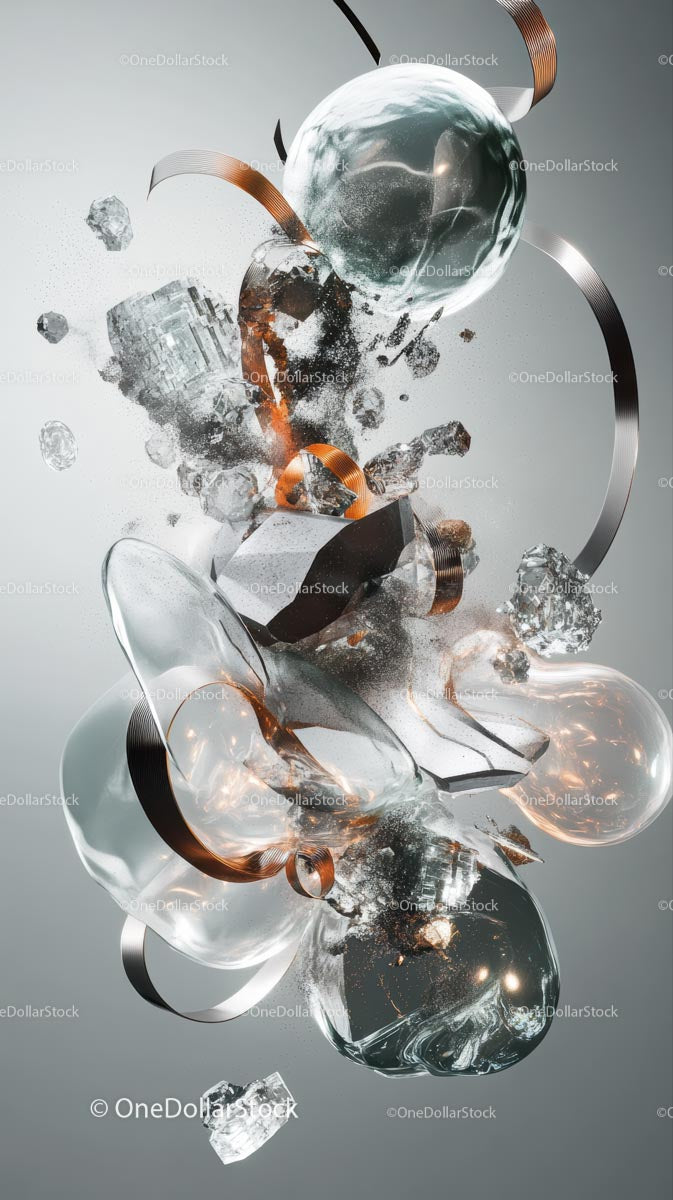 Abstract Metallic Explosion with Floating Glass Fragments and Rings