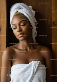 Serene Young Woman Relaxing with Towel Wrap in Spa Setting