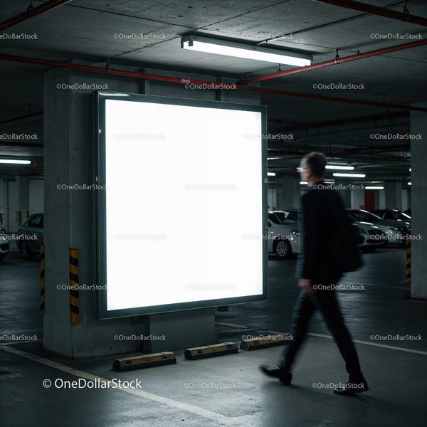 Man Walking Past Illuminated Billboard in Parking Garage JPG Mockup Image