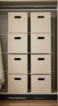 Stacked Beige Storage Boxes in Closet for Home Organization