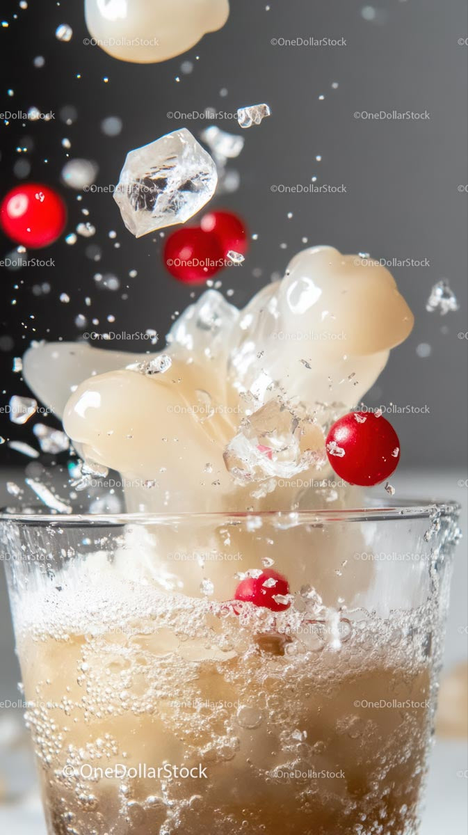 Refreshing Sparkling Beverage with Ice and Red Berries