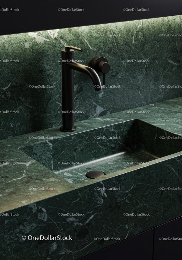 Elegant Green Marble Bathroom Vanity with Black Matte Faucet