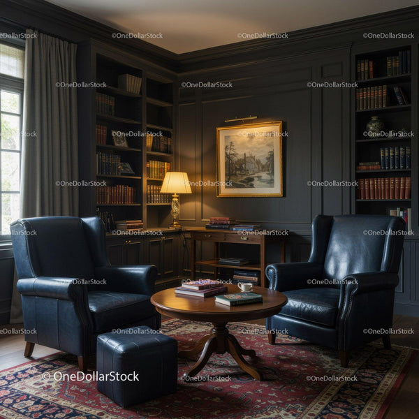 Cozy library nook with leather armchairs and warm lighting