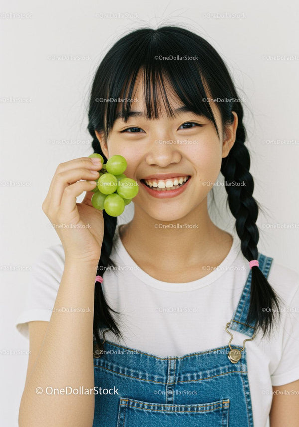 Happy Young Girl Holding Green Grapes in Casual Outfit