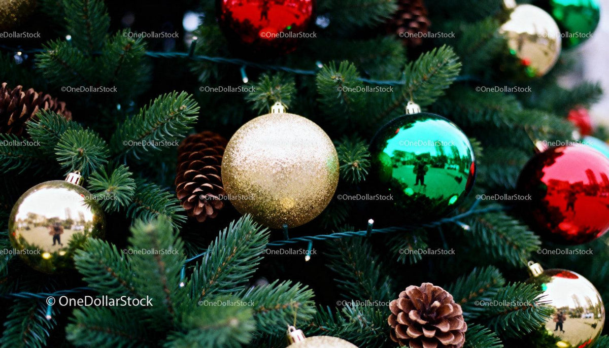 Detailed Christmas tree decorations with colorful baubles