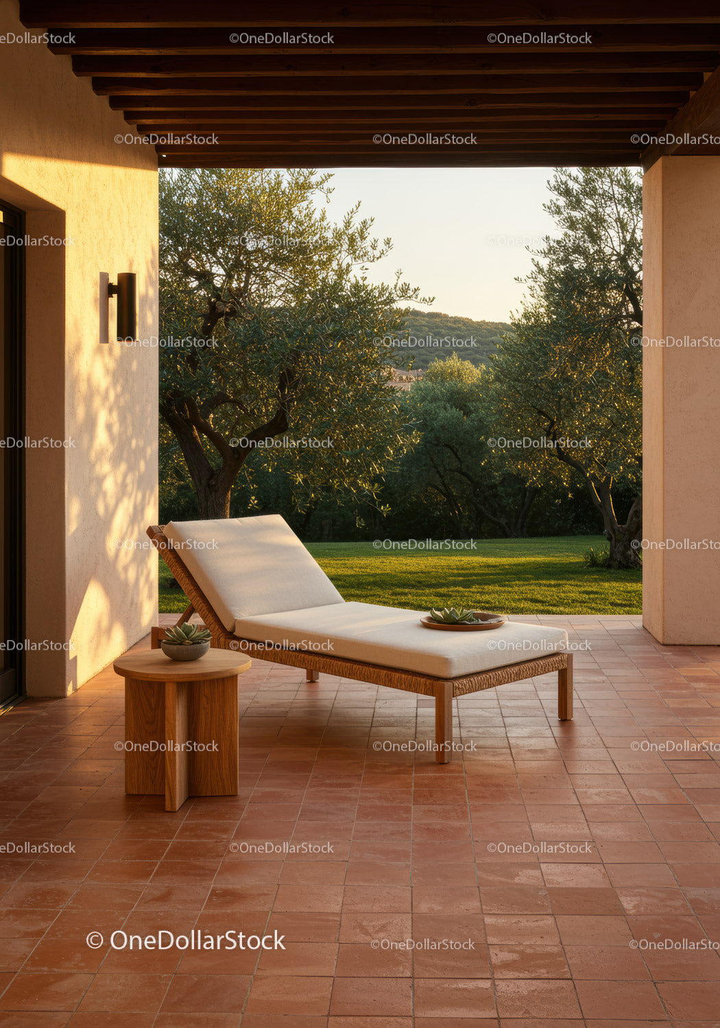 Sunlit Terracotta Patio with Lounge Chair and Garden View
