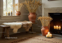 Cozy rustic interior with dried wheat and glowing candles