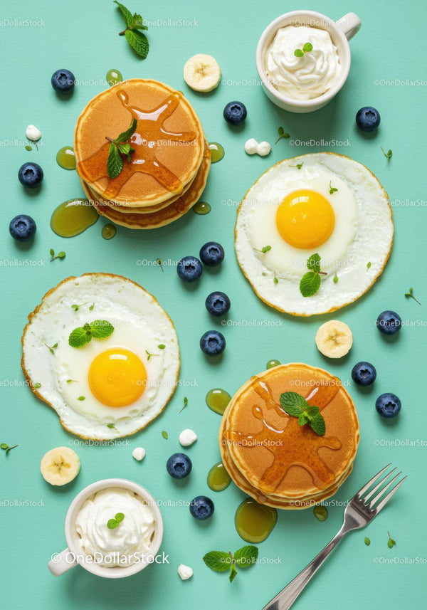 Stacked pancakes with fried eggs and fresh blueberries
