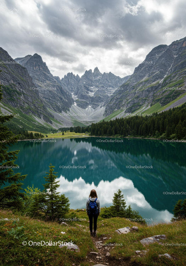 Majestic Mountain Lake Reflection with Hiking Trail and Scenic Peaks