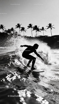 Silhouette of surfer riding ocean wave near palm trees