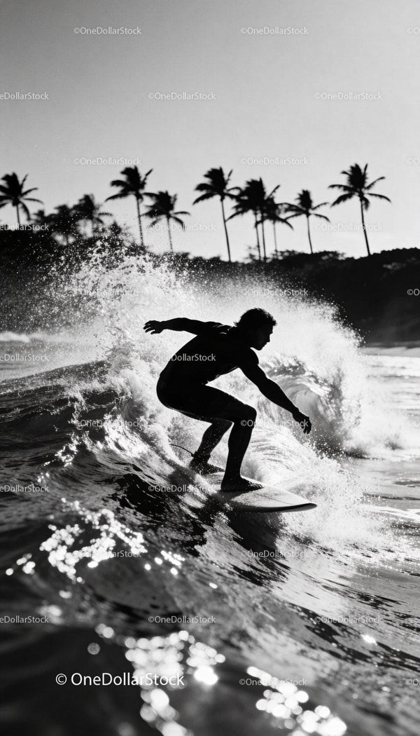 Silhouette of surfer riding ocean wave near palm trees