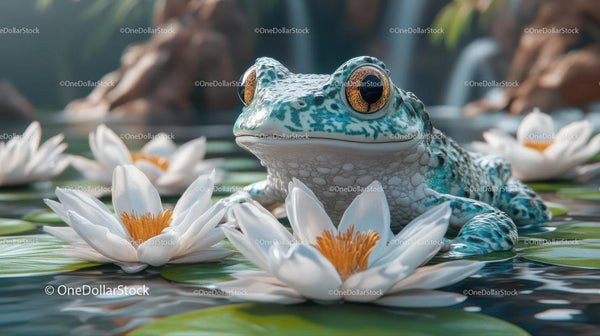 Closeup Of Vibrant Blue Frog On Lily Pad