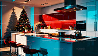 Modern kitchen with festive Christmas tree and warm lighting
