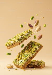 Closeup of sliced pistachio nut bars with falling nuts