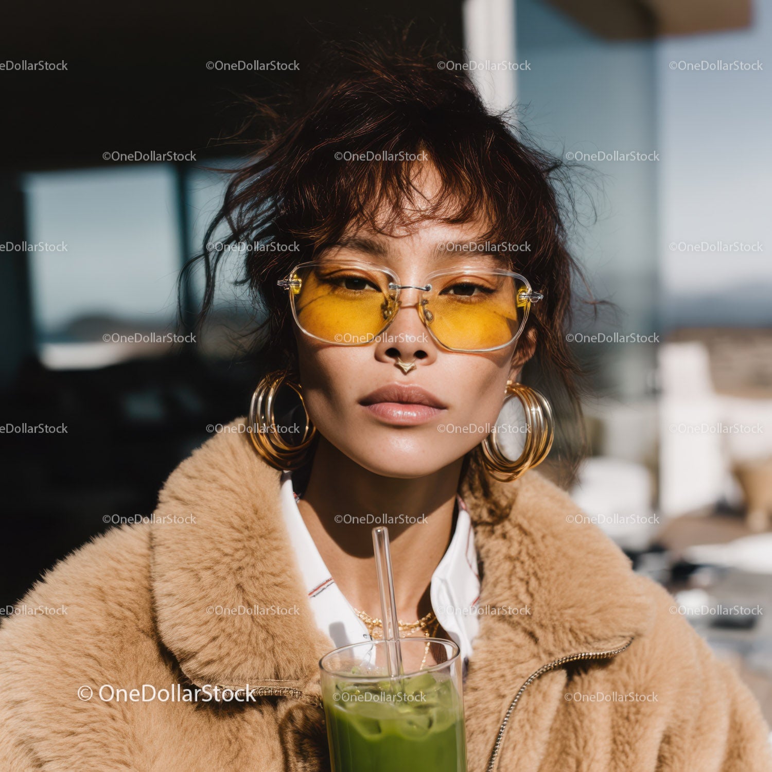Young Woman with Yellow Sunglasses and Accessories in Stylish Summer Look
