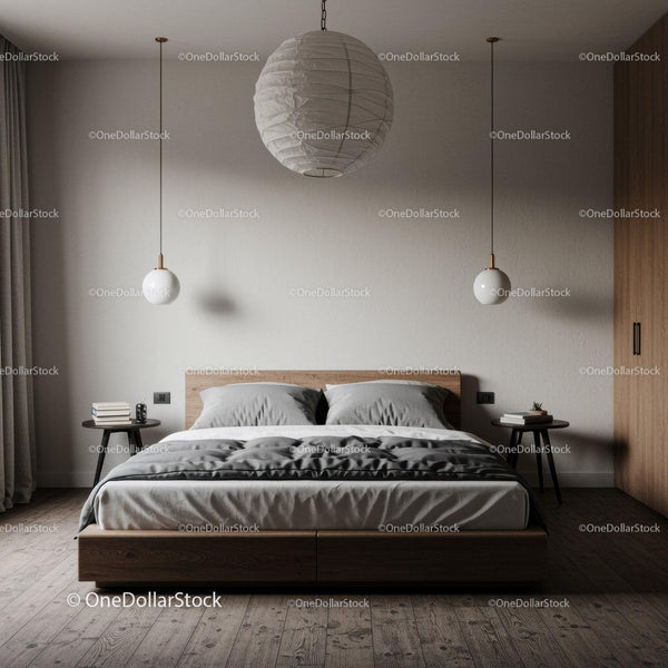 Minimalistyczna nowoczesna sypialnia z drewnianymi meblami i oświetleniem wiszącym