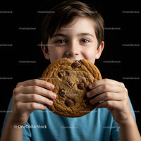 Child enjoying a large chocolate chip cookie