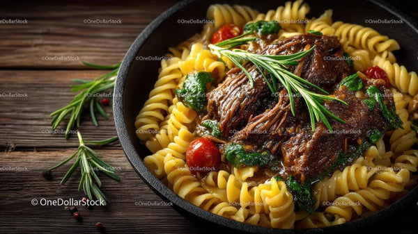 Hearty Beef Brisket with Pasta and Cherry Tomatoes in a Rustic Dish