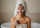 Relaxing Woman with Facial Mask in Bathtub Spa Setting