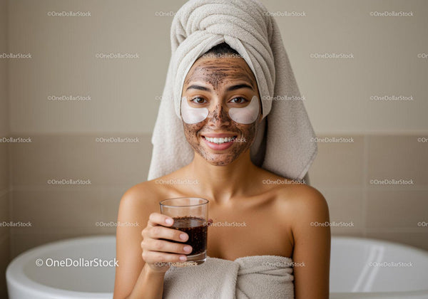 Relaxing Woman with Facial Mask in Bathtub Spa Setting