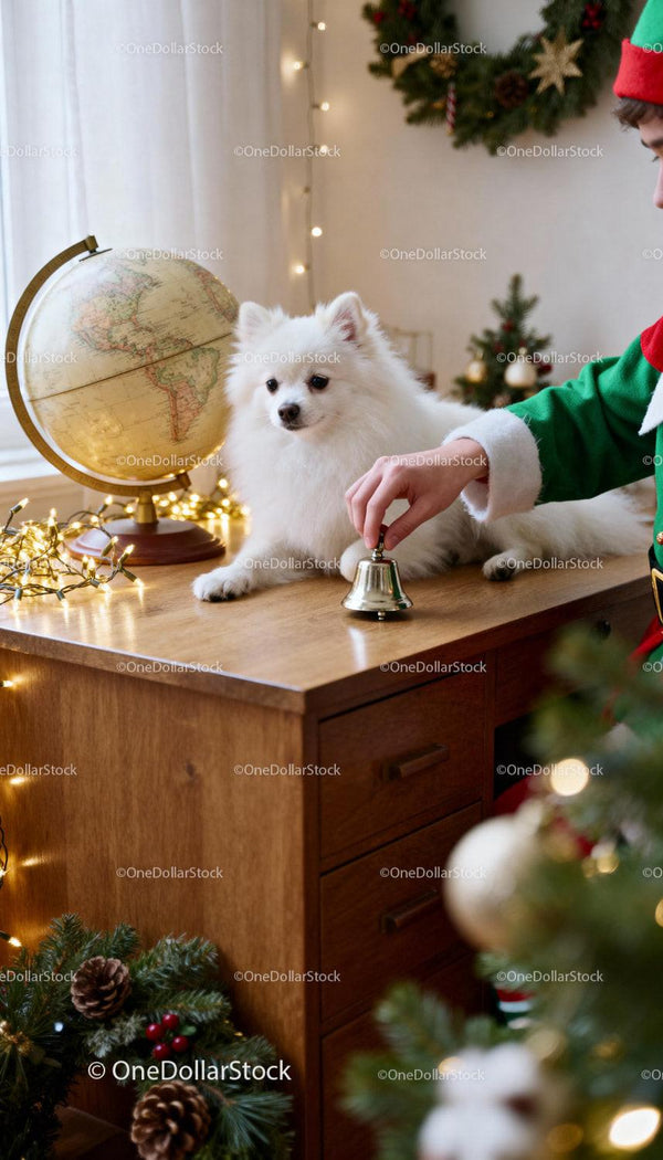 Cozy Christmas scene with white dog and festive decor