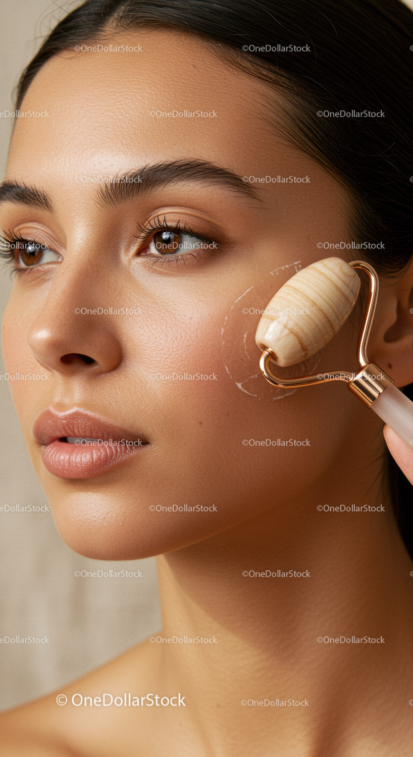 Young Woman Using Jade Roller for Facial Skin Rejuvenation