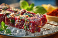 Juicy Beef Skewers with Herbs on Ice for Summer Barbecue