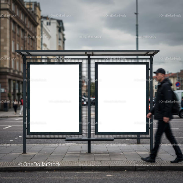 Empty advertising boards at urban bus stop street JPG Mockup Image