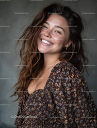 Bright Smiling Woman in Floral Dress with Brown Curly Hair