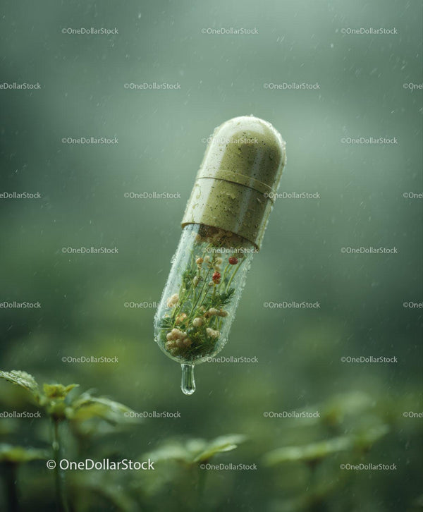 Transparent Capsule With Wildflowers And Raindrops