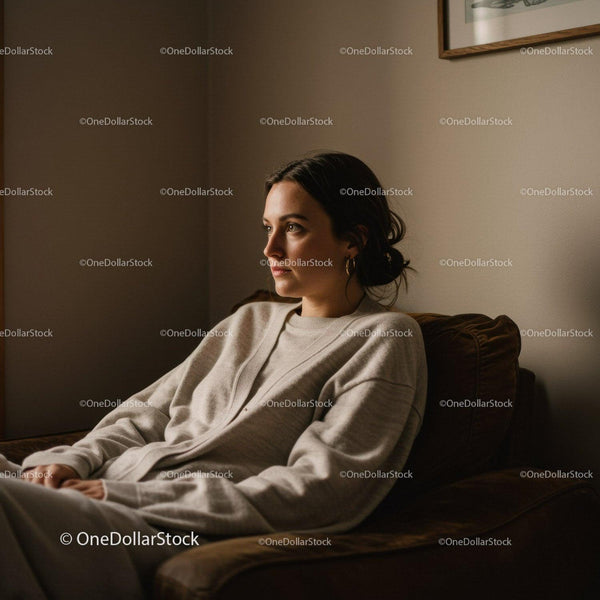 Serene Woman Relaxing on Couch in Cozy Home Setting