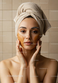 Young Woman Applying Facial Mask with Towel Wrap in Spa Setting