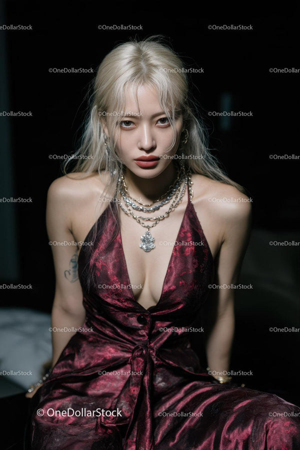 Stylish Woman in Red Satin Pajama with Silver Jewelry