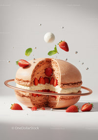 Strawberry Macaron Dessert with Cream and Mint Leaves