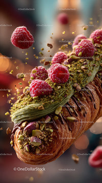 Chocolate Éclair with Raspberry and Pistachio Topping