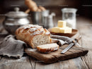 Rustic Artisan Bread on Wooden Table with Kitchen Background