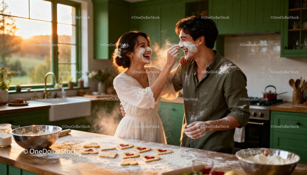 Couple playfully baking heart cookies in cozy kitchen