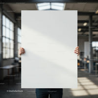 Person Holding Blank White Board in Modern Workspace