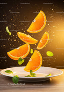 Fresh orange slices and mint leaves floating above plate