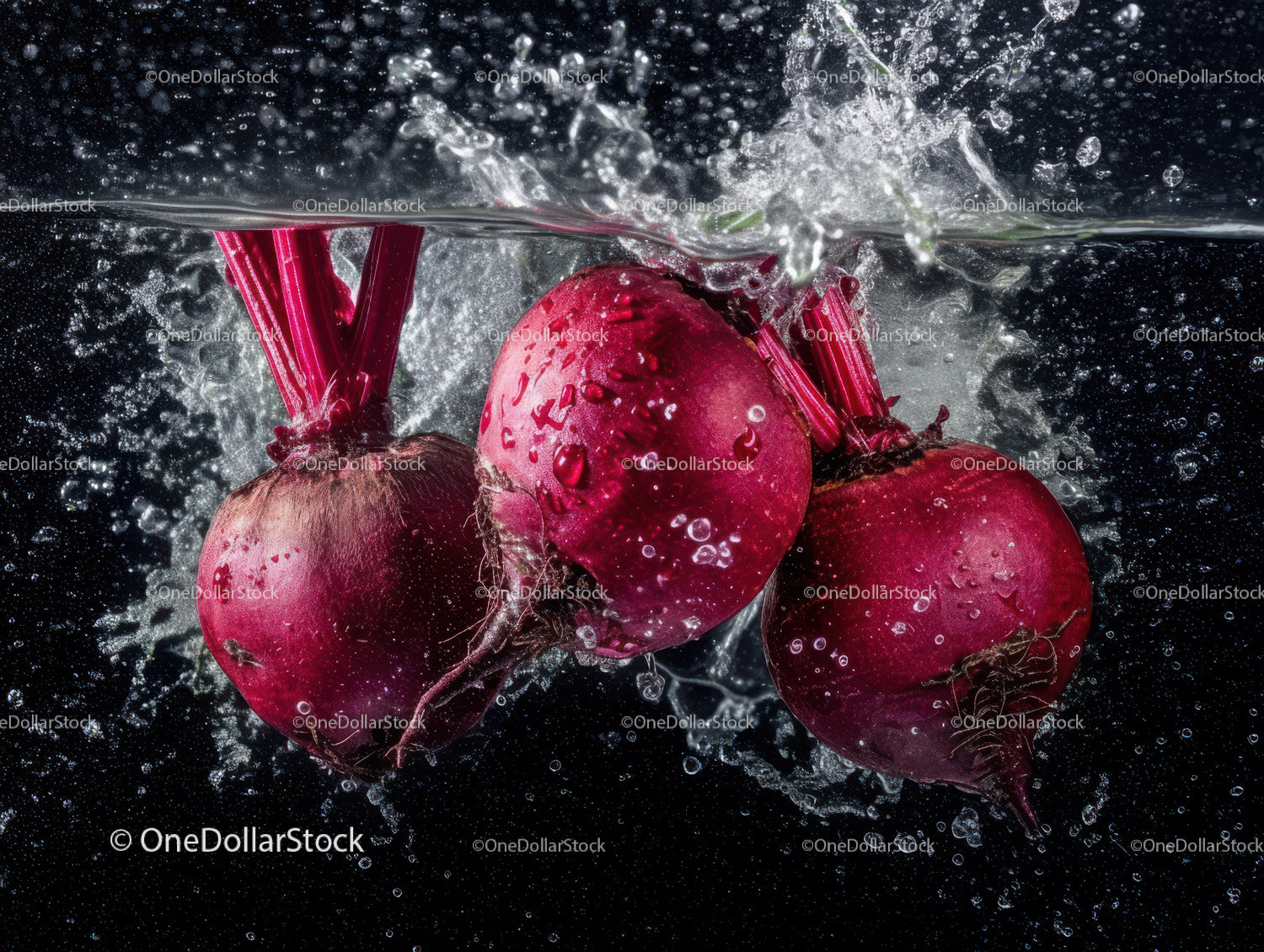 Fresh Red Radishes with Water Splash in a Vibrant Food Composition