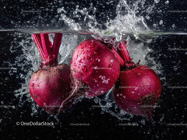 Fresh Red Radishes with Water Splash in a Vibrant Food Composition