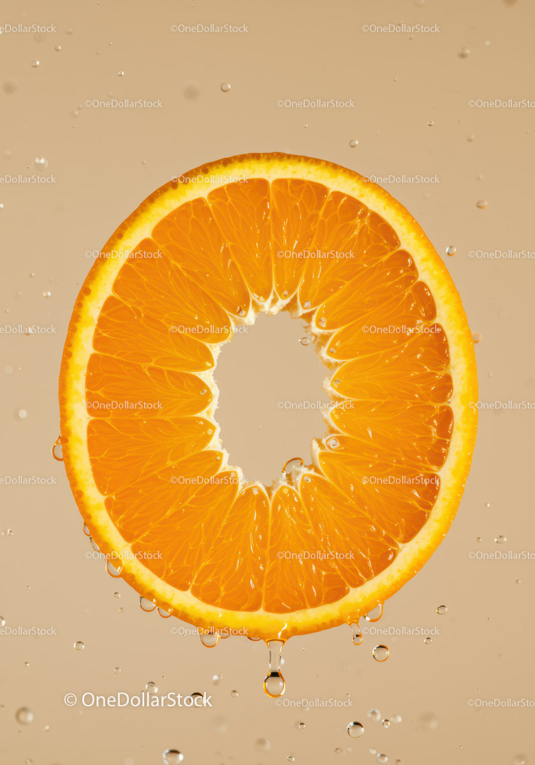 Fresh Orange Slice with Water Drops Closeup