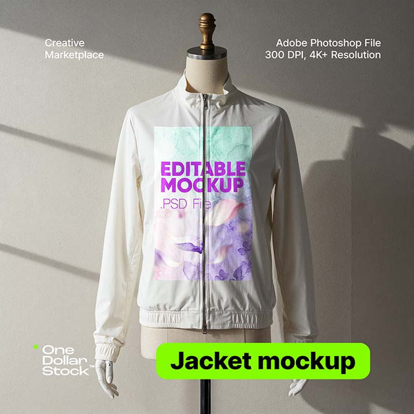 Biały mockup kurtki na manekinie w naturalnym świetle