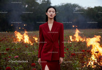 Confident woman in red suit standing in burning flower field